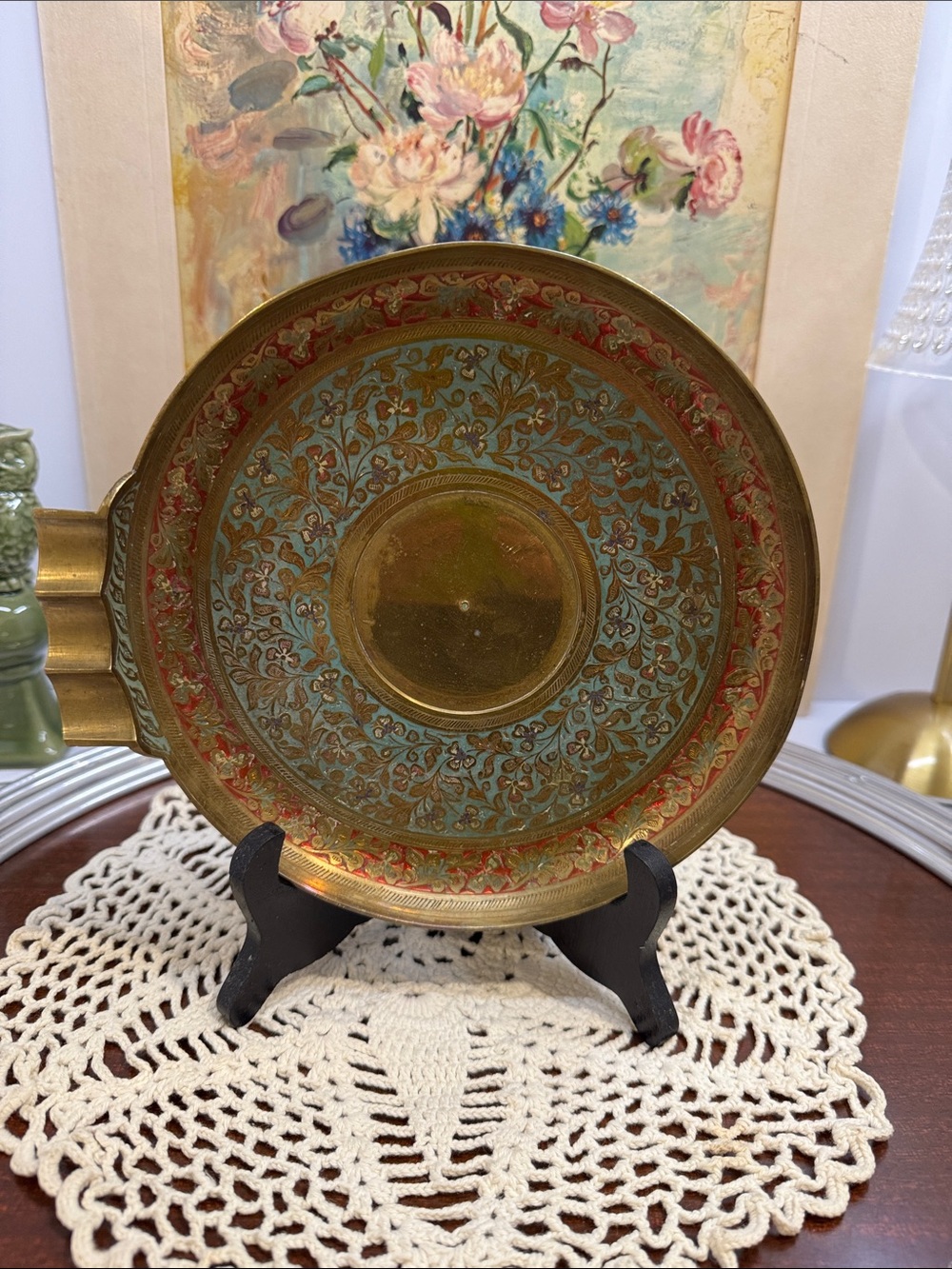 Vintage Handcrafted Indian Enameled Brass Ashtray Dish - 8" Boho Meenakari heavy